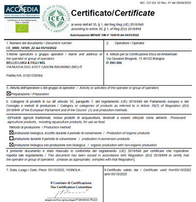 Certificate Production of organic products