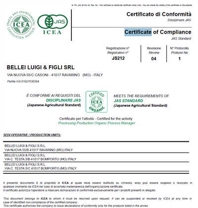 Certificate MEETS THE REQUIREMENTS OF JAS STANDARD (Japanese Agricultural Standard)